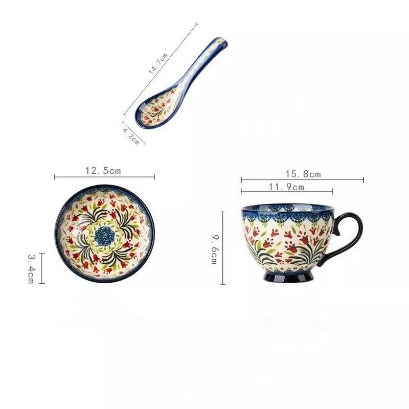 Расписанная вручную керамическая суповая миска с подносом для закусок, винтажный цветочный рельефный дизайн, можно использовать в микроволновой печи, большая ручка и толстое дно, идеально подходит для хлопьев, орехов