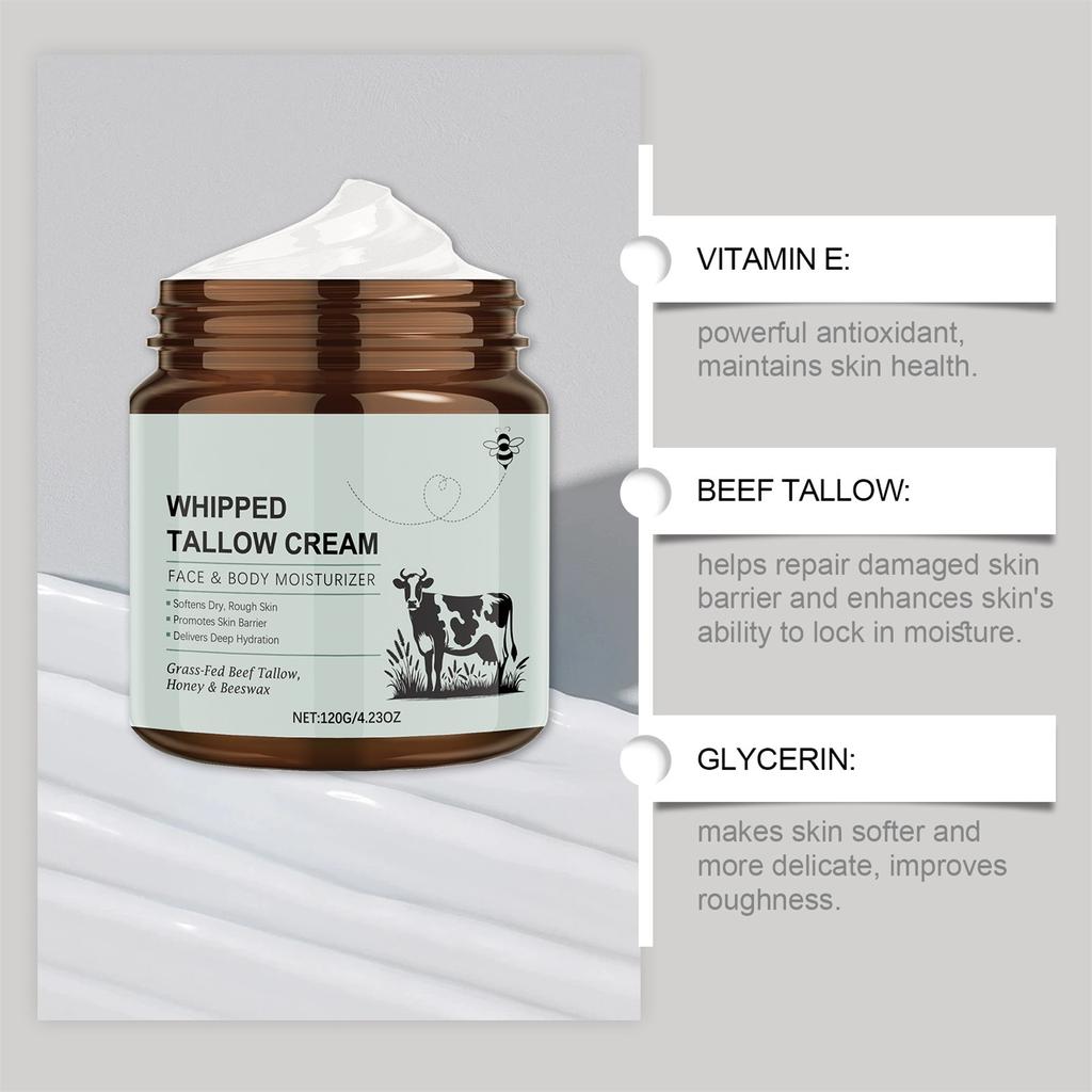 Крем для лица с коровьим жиром Tallow Cream питает и смягчает кожу, восстанавливает и успокаивает кожу лица, увлажняет и подтягивает кожу 120 г
