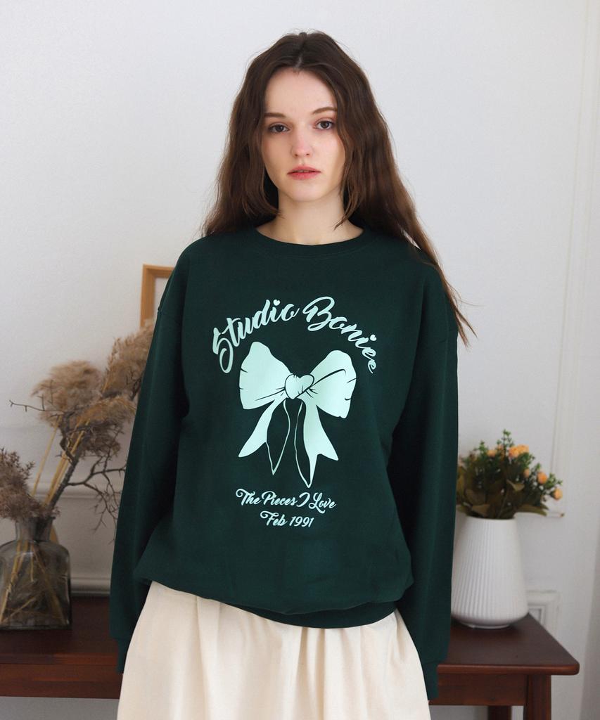 BONIEE [Fleece Lined] Ribbon Graphic Oversized Sweatshirt Green