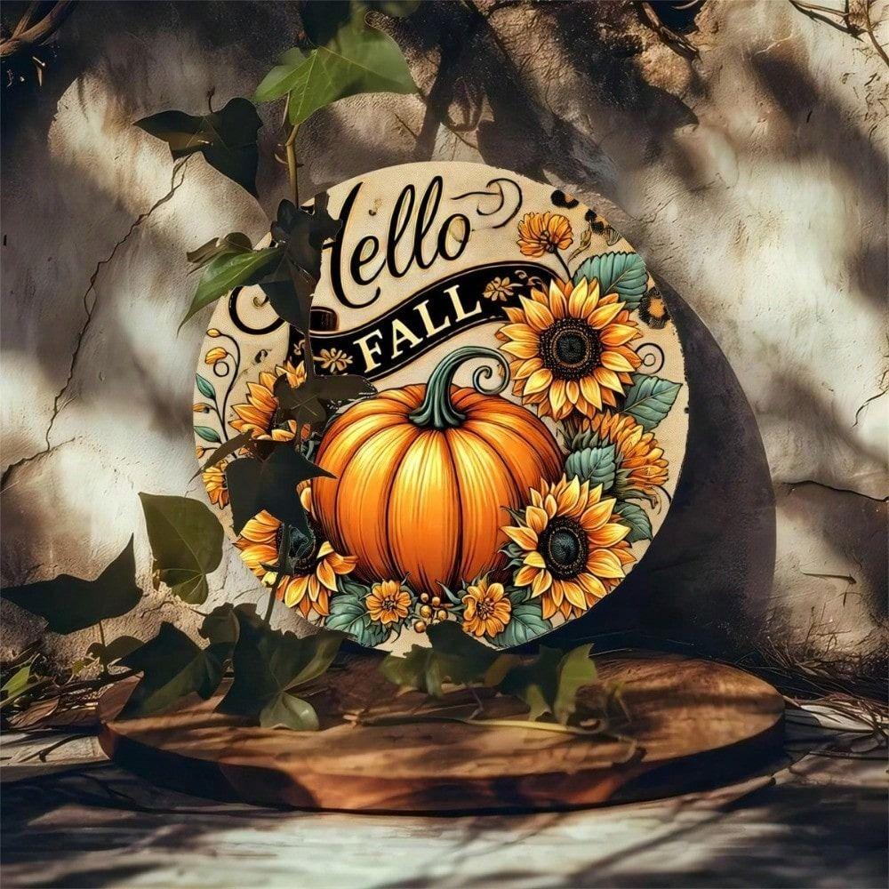 Tin Sign Fall Vintage Hello Fall Metal Poster, Farmhouse Wall Art 8x8 Inch