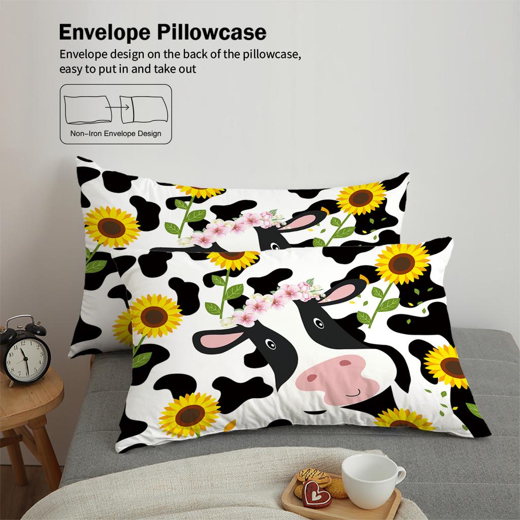 Комплект из 3 предметов пуховый пододеяльник с принтом коровьего и цветочного узора в деревенском фермерском стиле (1 пододеяльник+2 наволочки, без наполнителя) комплект постельного белья