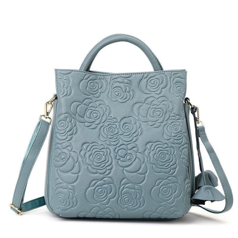Genuine Cow Leather Women Large Tote Bag Camellia Pattern New Fashion Multiway Shoulder Crossbody Handbag