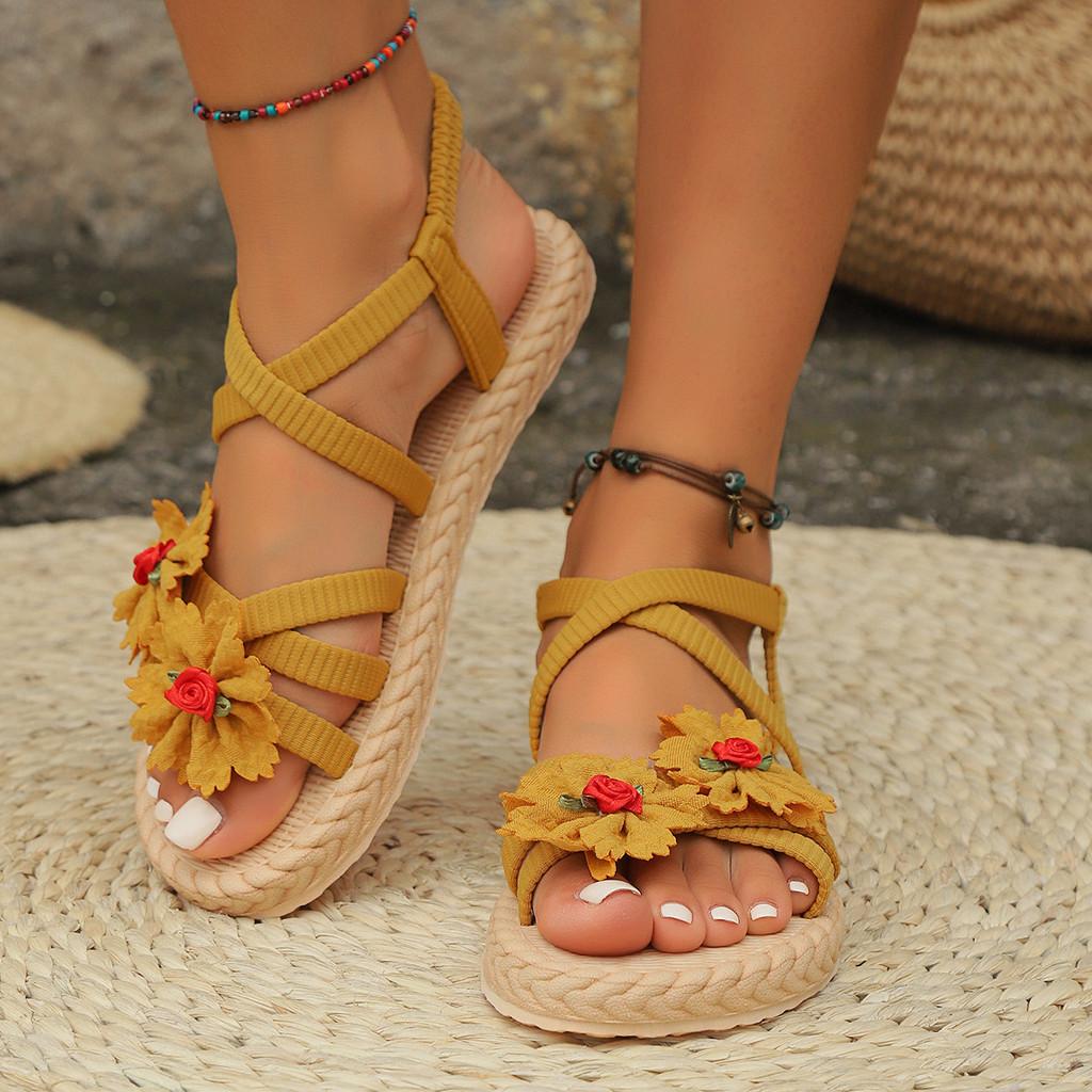 Summer Fashion Womens Cross Strappy Flower Sandals Eva Sole For Casual Wear