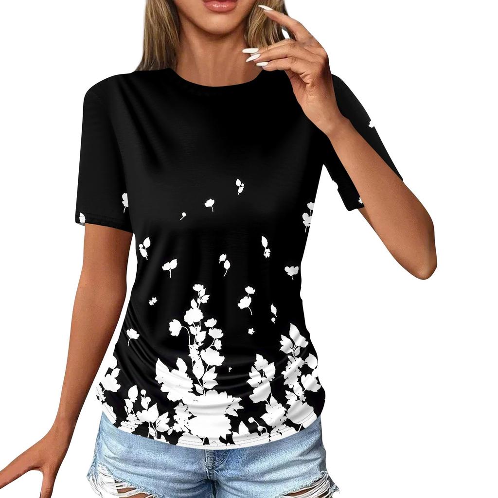 Women's T Shirts Fashion Casual Tops Round Neck Short Sleeve Printed Tunic