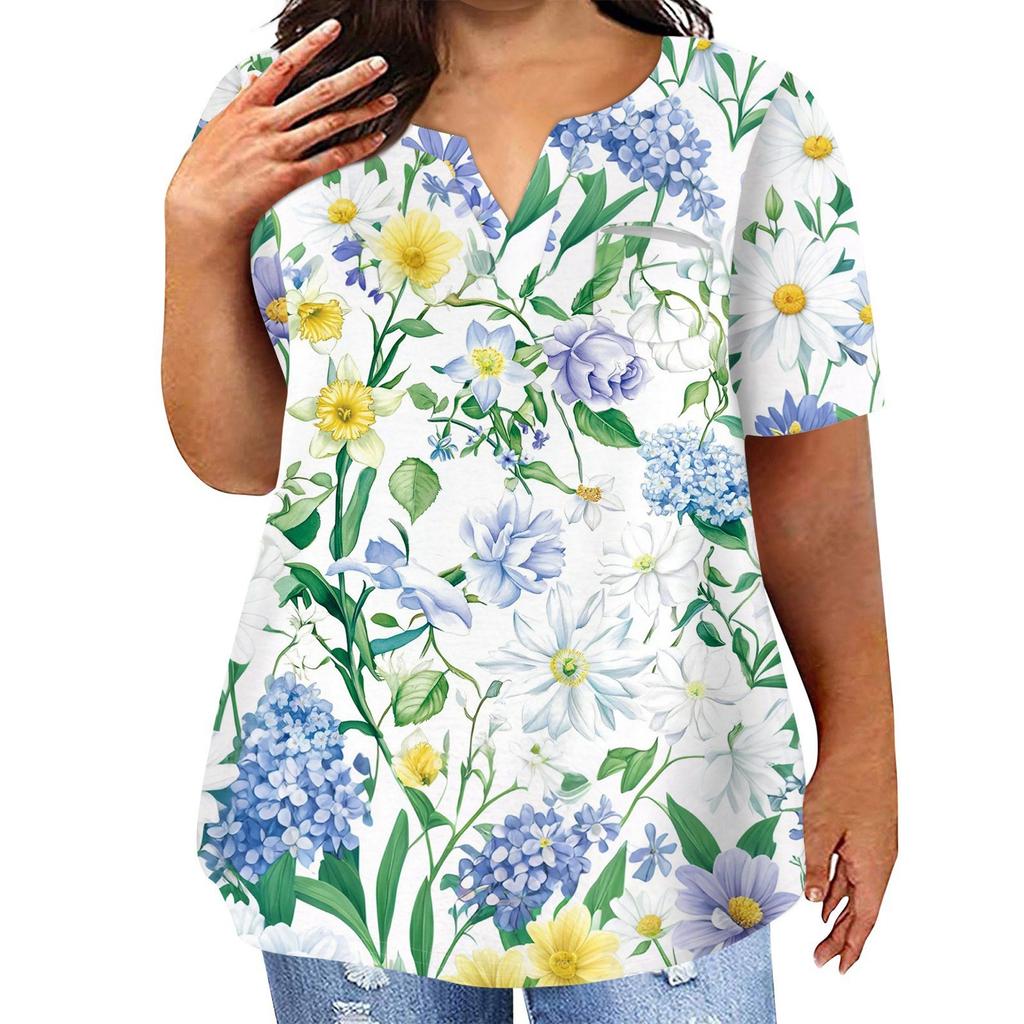 Женская футболка большого размера, повседневный топ с карманами и V-образным вырезом с короткими рукавами