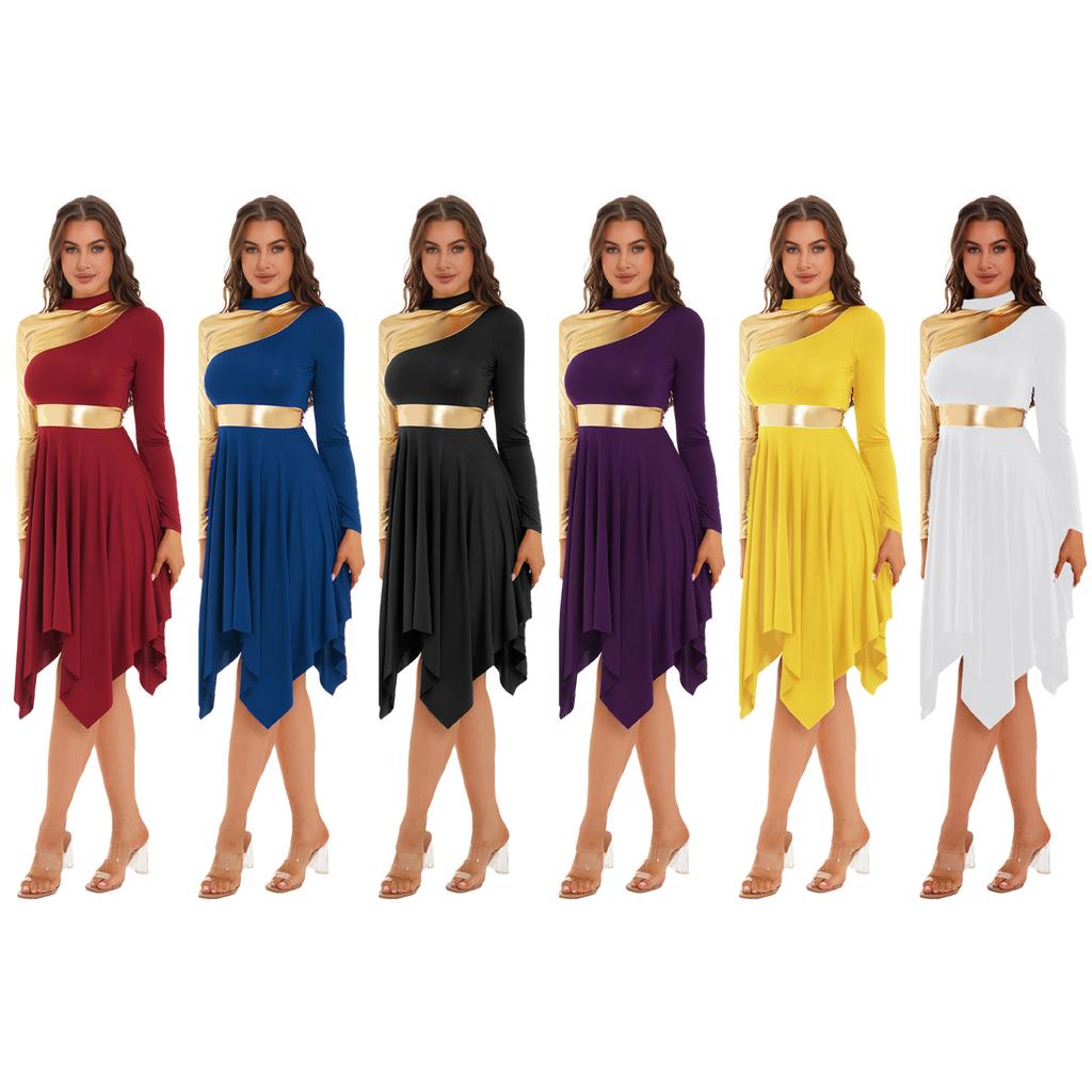 Women Slim Waist Party Gown Praise Liturgical Lyrical Dance Dress High Low Worship Costume Metallic Color Block Dress