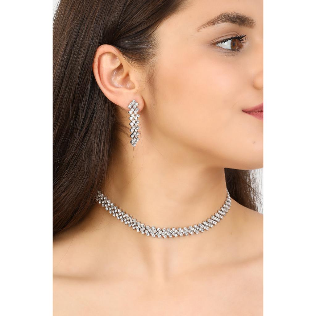 Women's Cross Model Stone Silver Diamond Water Path Necklace Earrings Evening Dress Wedding Engagement Henna Promise Bridal Jewelry Set