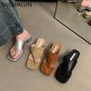 Мода SUOJIALUN 2024 Лето Новый Бренд Женские Тапочки Мода Средний Квадратный Каблук Уличные Шлепанцы Женские Повседневные Пляжные Шлепанцы Сандалии