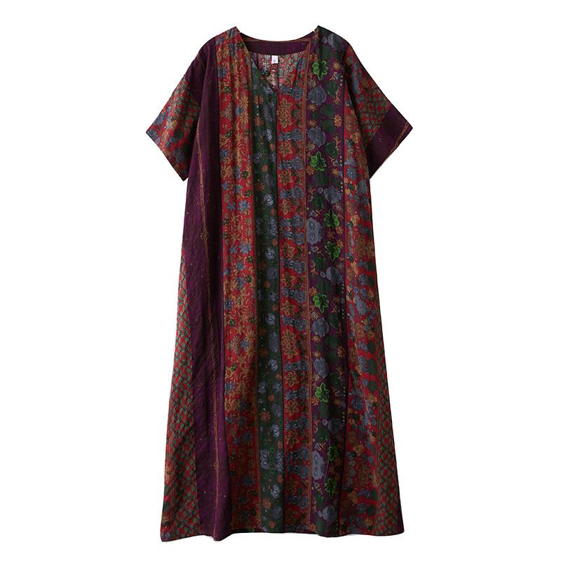 Dimanaf 2025 Plus Size Summer Women Long Dress Oversized Vintage Casual Floral Printing V-Neck Basic Loose Dress
