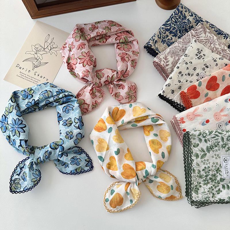 70% Cotton Linen Small Square Silk Scarf - Korean Style Floral Design for Versatile Neckwear and Decorative Use