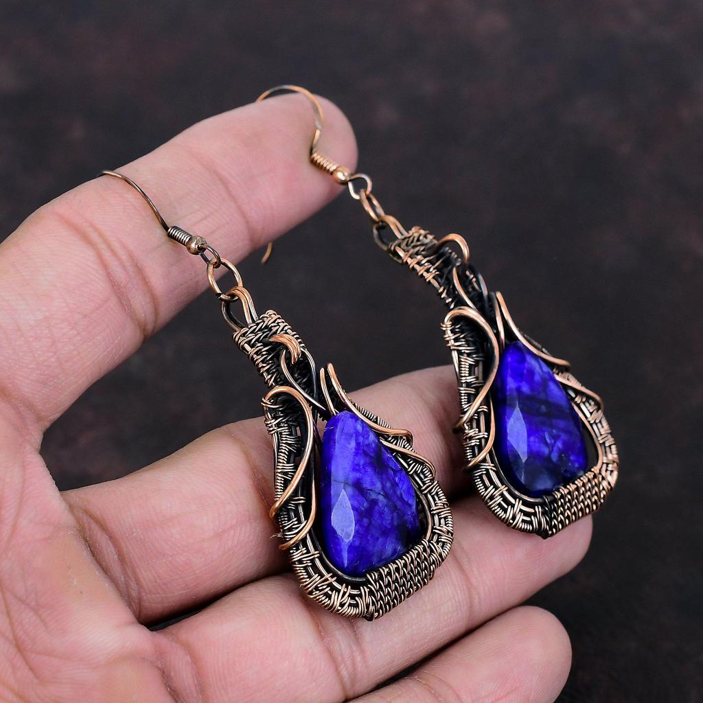 Граненые серьги с синим сапфиром, серьги из медной проволоки, изящные серьги ручной работы, драгоценный камень, медные ювелирные серьги для женщин, подарок на годовщину