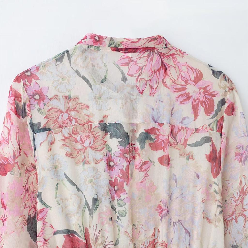 Весеннее платье миди с цветочным принтом, поясом, воротником-бантом и длинными рукавами для женщин.