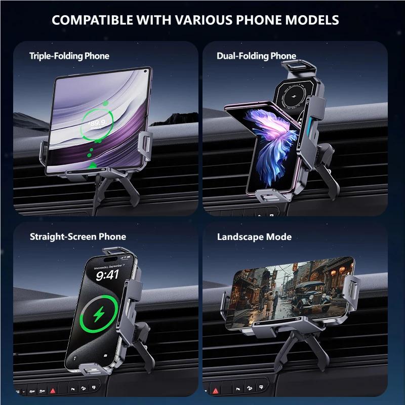 Wireless Car Charger Mount for OPPO Find N5 Honor Magic V2 Foldable Phone, 15W Qi Fast Charging Air Vent Auto-Clamping Phone Holder Stand
