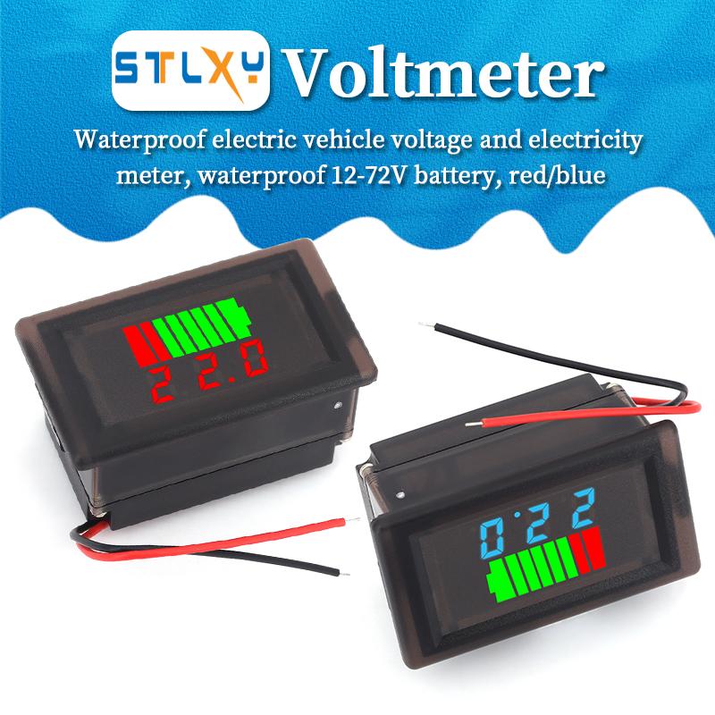 Stlxy voltmeter waterproof car battery level indicator 12V-72V lithium battery capacity meter tester red blue display tester