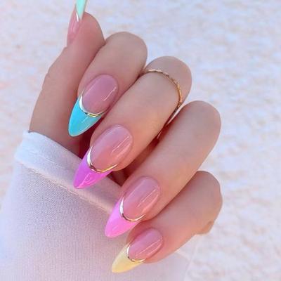 Набор из 24 штук радужных французских типсов из нетоксичного пластика для наращивания, накладные ногти для повседневной носки и аксессуары для вечеринок