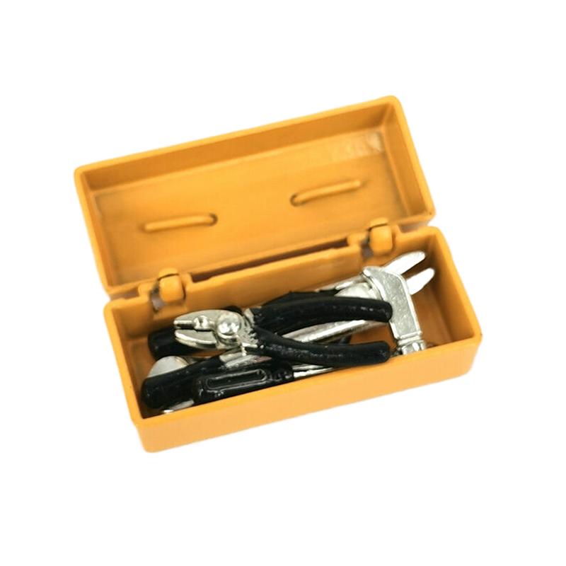 1Set Dollhouse Miniature Toolbox (Tool Box+6 Tools) Simulation Handmade Tools Sets Model Doll House Scene Decor Toys Accessories
