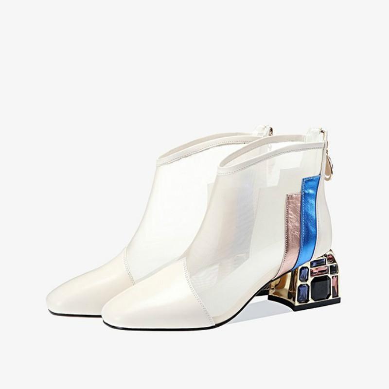 Сетчатые сапоги Полые новые летние сетчатые короткие сапоги Женские босоножки на высоком каблуке Универсальные босоножки со стразами на толстом каблуке