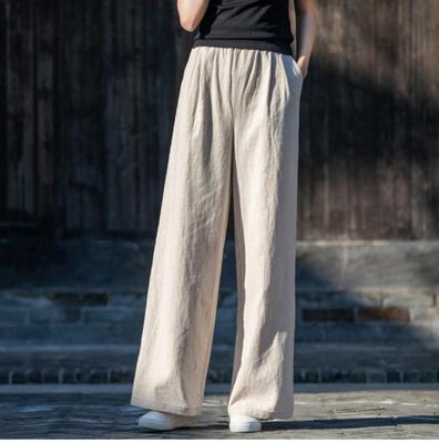 Хлопково-льняные брюки с широкими штанинами женские большого размера повседневные брюки весна лето свободные длинные брюки