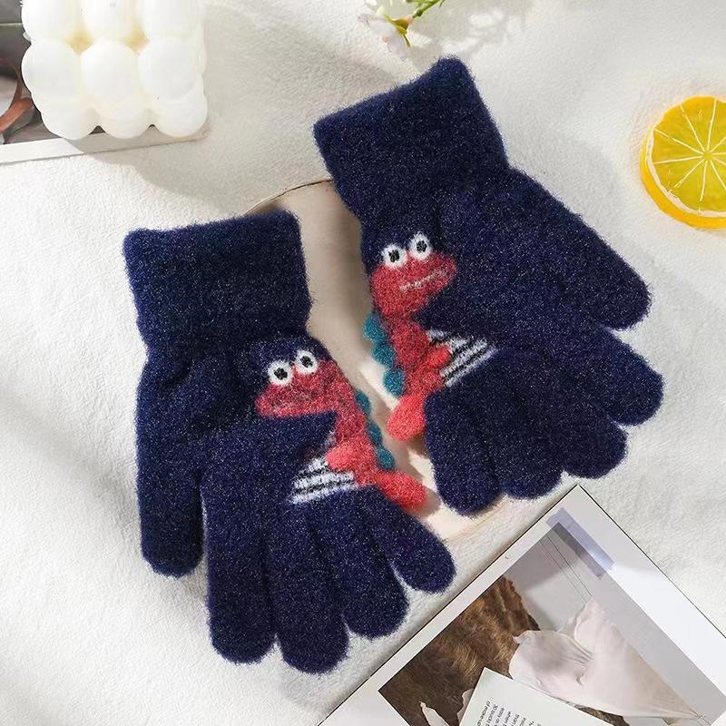 1 пара милых детских толстых вязаных перчаток с рисунком динозавра, теплые детские перчатки на осень и зиму, перчатки с полным пальцем и пятью пальцами