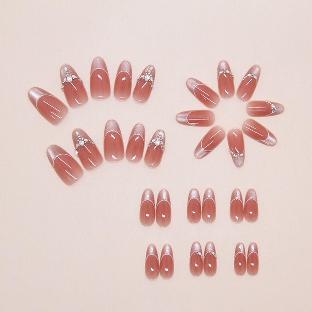 30pcs Crystal and Bow Knot False Nails Cat Eye Flowers Nail Tips Manicure Fake Nails Women
