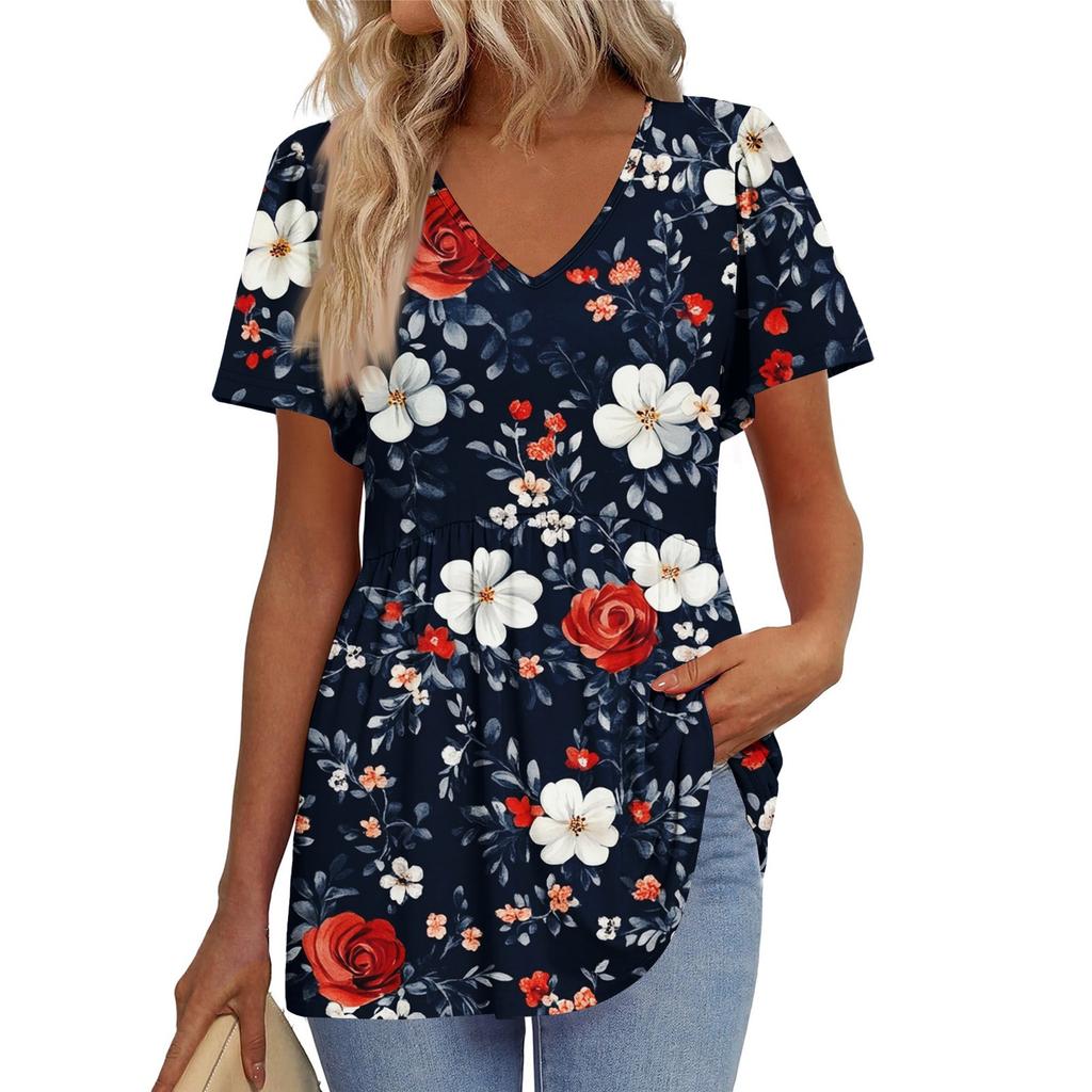 Women's Loose Casual Print V-Neck Short Sleeved T-Shirt Top Short Sleeved T-Shirt Top