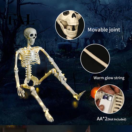 Cemetery Themed Landscaping 36 Inches LED Light Up Halloween Skeleton, 3FT Life Size Full Body Skeleton with Lights Posable Plastic Human Bones