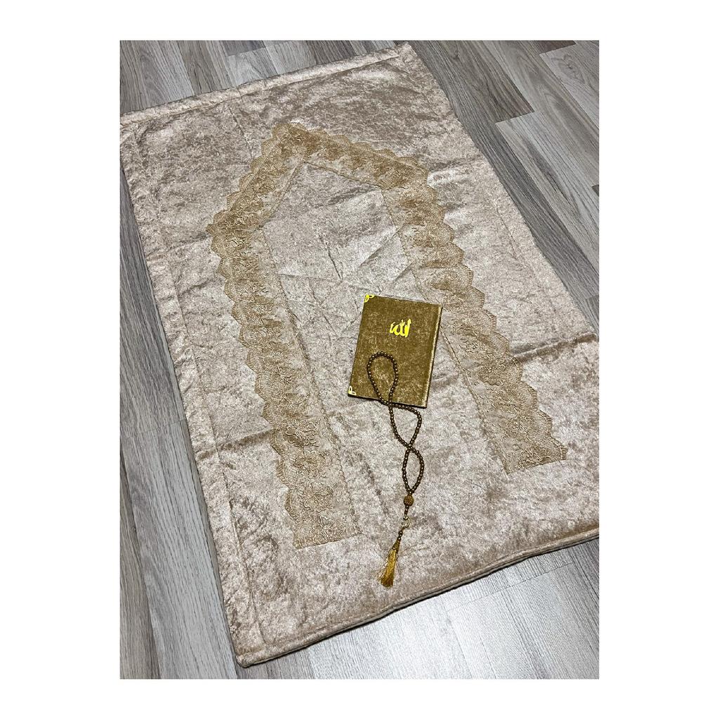 3 Piece French Guipure Embroidered Velvet Dowry Bridal Set Prayer Rug