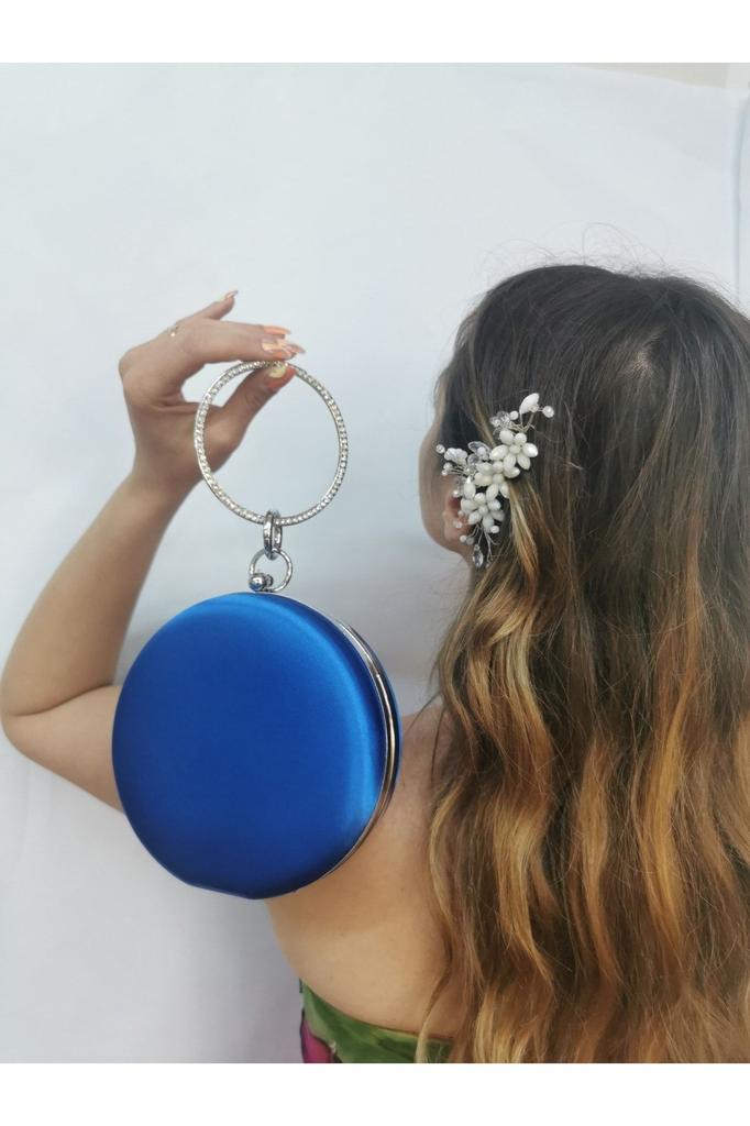 Women's Stylish and Useful Evening Dress Bag Women's Satin Saks Blue Round Evening Dress Clutch Portfolio Bag