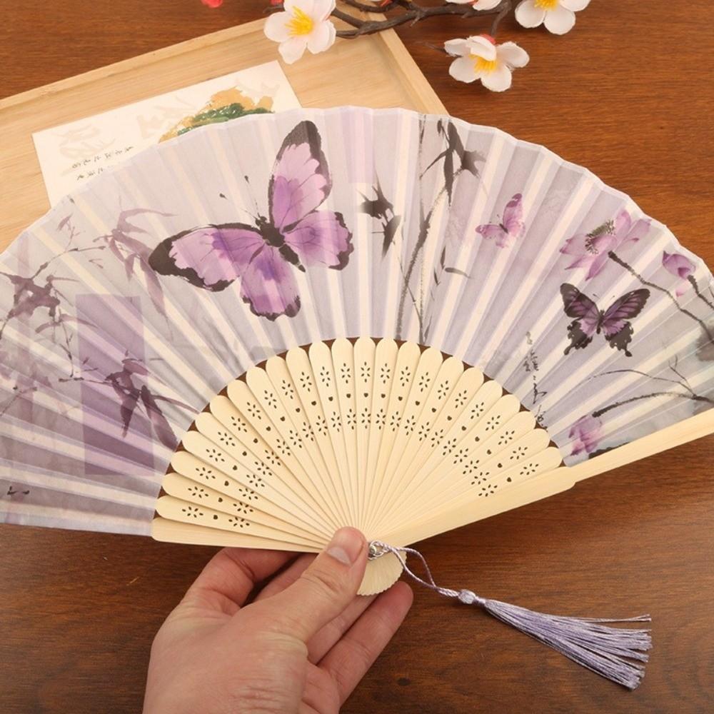 Chinese Style Retro Bamboo Fan Butterfly Pattern Dance Fan Portable Handheld Fan Home Decoration