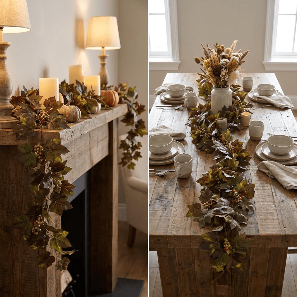 2Pcs Artificial Maple Leaf & Grape Berry Garland, for Harvest Festival & Halloween. Perfect for patio, wedding, home and holiday party decor.