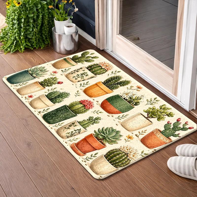 Succulent Potted Cactus Doormat Botanical Printed Non Slip Welcome Mat Entry Rug Exclusive for Plant Lovers Decor