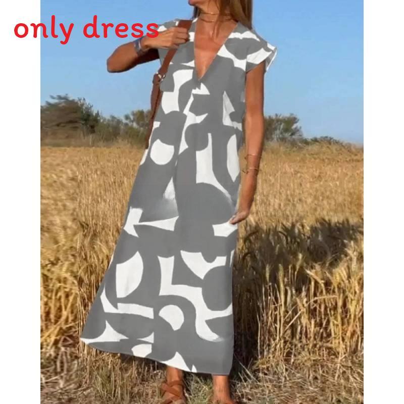Summer Ladies A Line Dress With Geometric Print And V Neck For Casual Wear