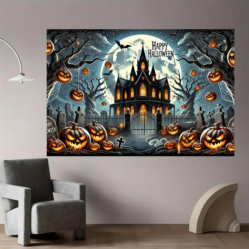 1. A terrifying Halloween-themed background banner - made of polyester fabric featuring a full moon and bats