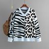 Autumn and Winter Women's Sweater Leopard Print V-neck Splicing Mixed Knit Sweater Pullover Long Sleeve Sweater