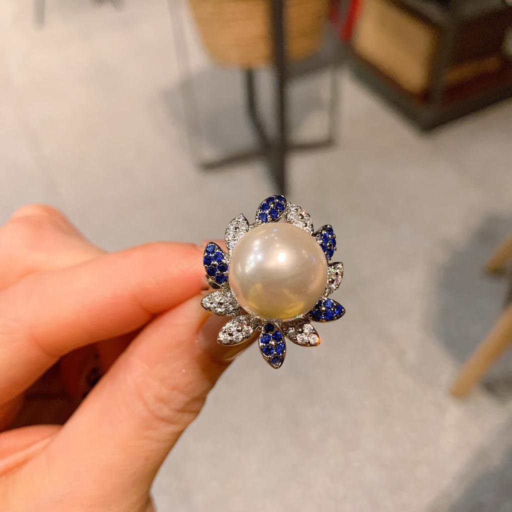 Ювелирное жемчужное кольцо женское микро сапфировое бриллиантовое регулируемое кольцо