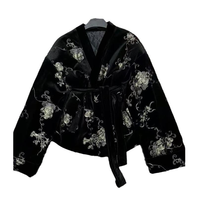 Черный цвет Цветочный принт Вышитая бархатная ткань Африканские жаккардовые ткани для платья Ципао Одежда Ширина 130см