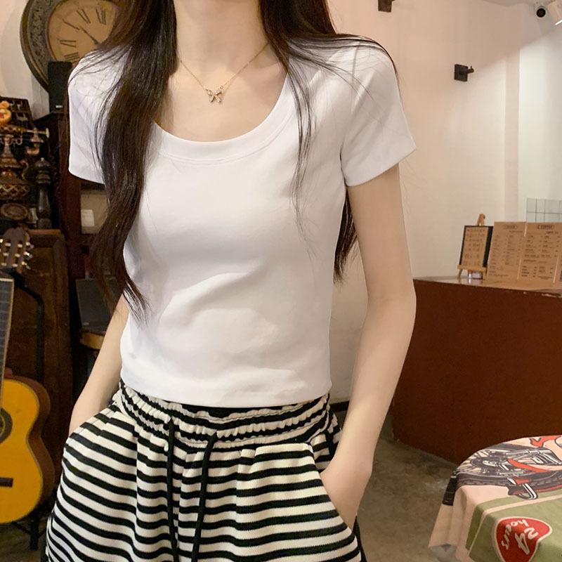 Белый облегающий топ с круглым вырезом, женская летняя популярная суперпопулярная универсальная футболка с правым плечом, короткий фасон, облегающая, эластичная, с коротким рукавом