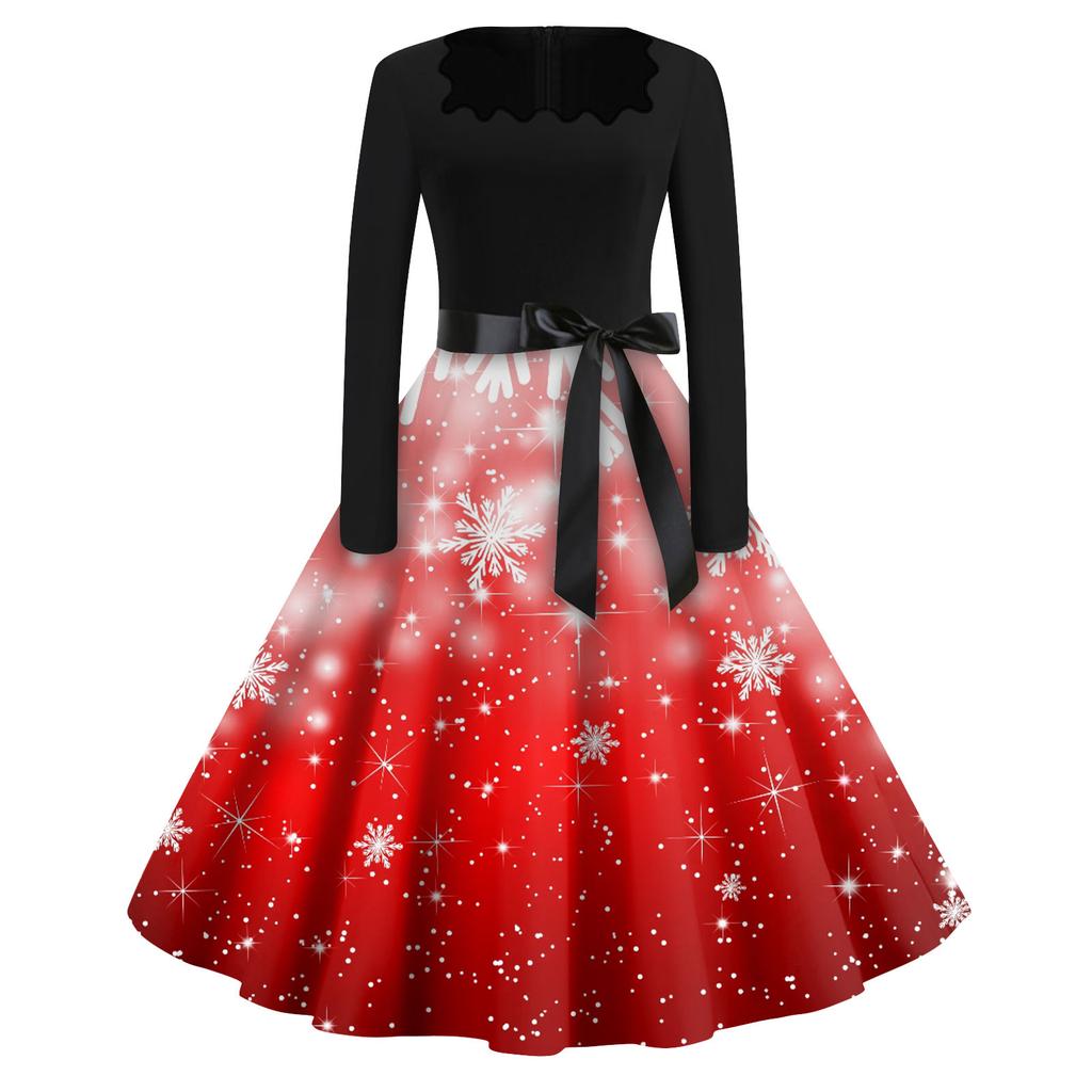Women's Fashion Square Neck Casual Slim Christmas Printed Long Sleeve Dresses