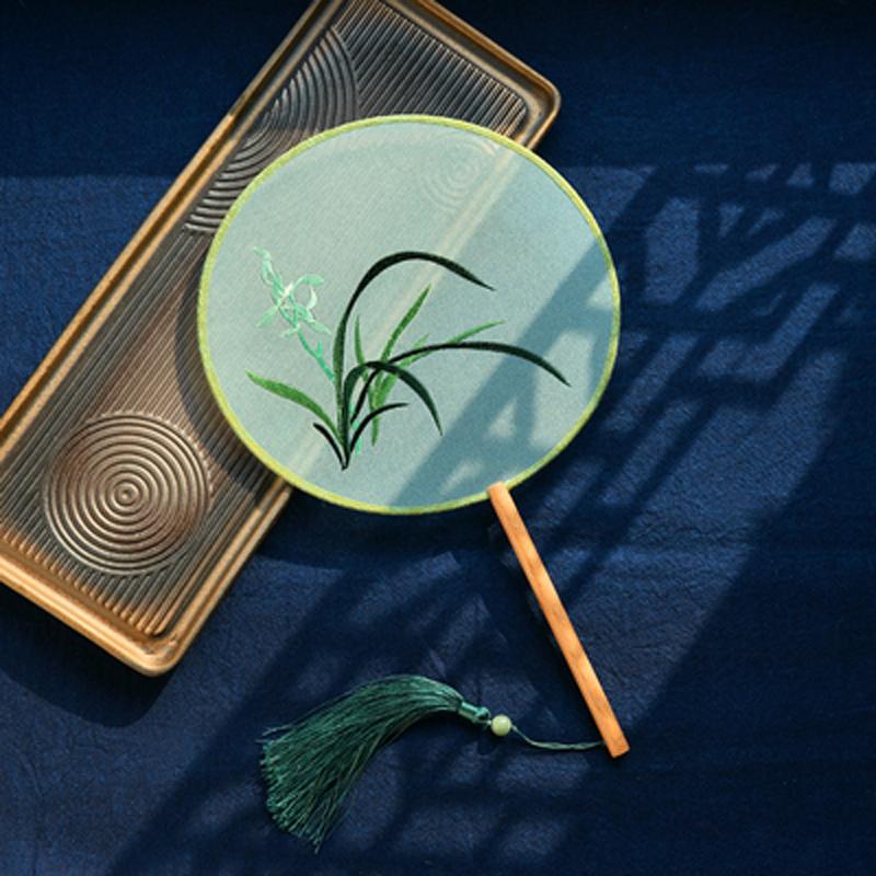 Circular Round Hand Fan, Chinese Traditional Art Embroidery, Classical, Ancient Costume, Han Fu Cheongsam with Long Handle