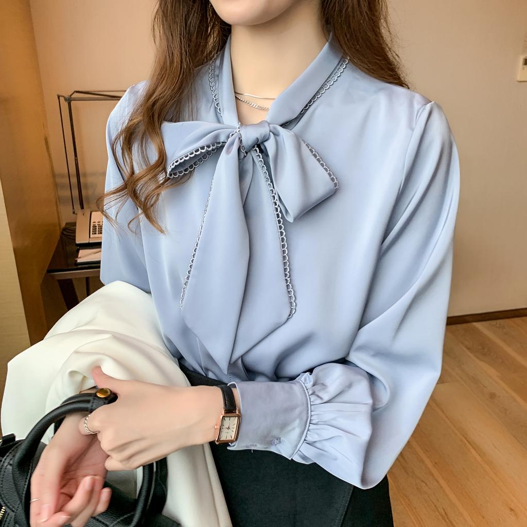 Spring 2025 New Women Blouses Shirts Long Sleeve Bow Collar White Chiffon Blouse Shirt Women Tops J766