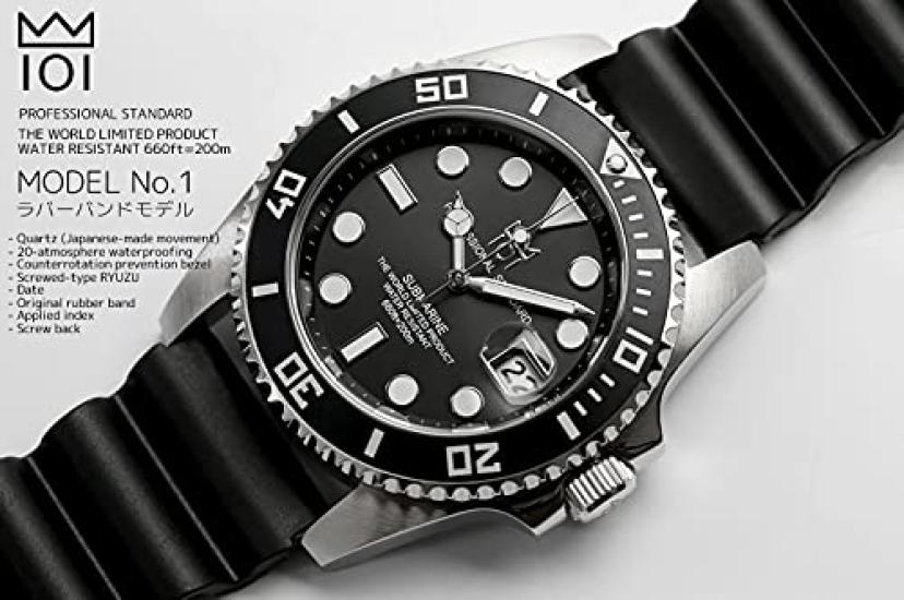 HYAKUICHI 101 Мужские дайверские часы Модель 1 HYAKU1-001, Отображение даты, Водонепроницаемость 20 АТМ, Серебристый Черный Резиновый ремешок