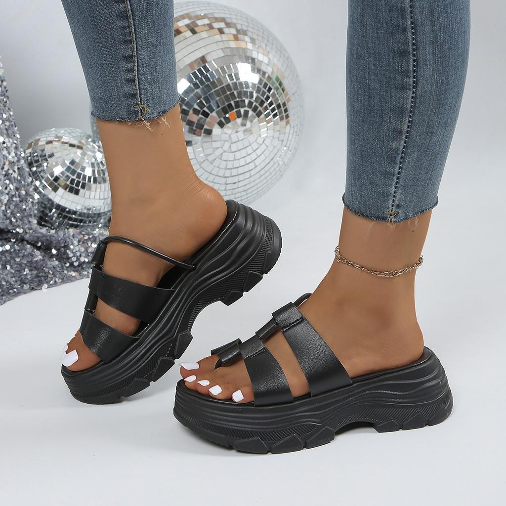 Fashion Classics Black Women Wedges Slippsers Woman Patchwork Decor Thick Bottom Platform Flip Flops Summer Slip On Slides Femme