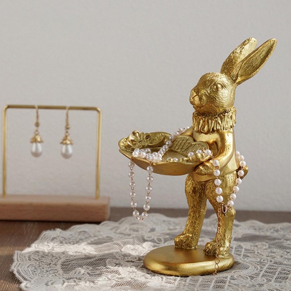 Small Bunny Statue Decor Jewelry Tray, Cute & Retro Golden Ornament Easter Rabbit Figurine for Accessories, Boutiques Display,Night Stand Home Décor