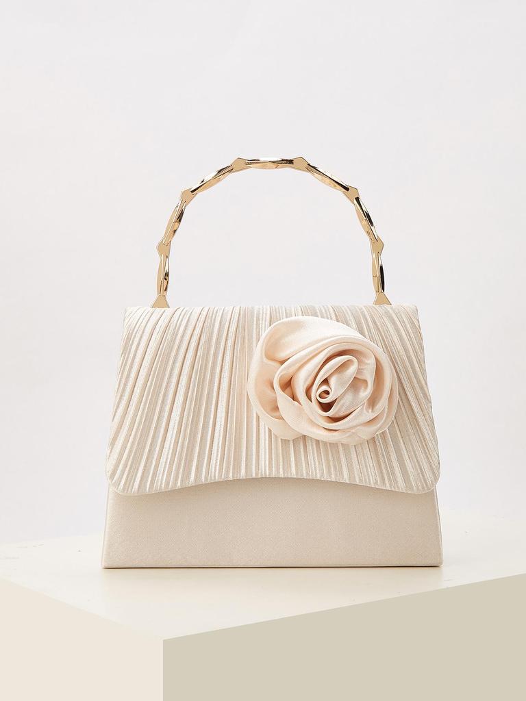 Gold-Bamboo Handle Pleated Satin Evening Bag with Floral Design