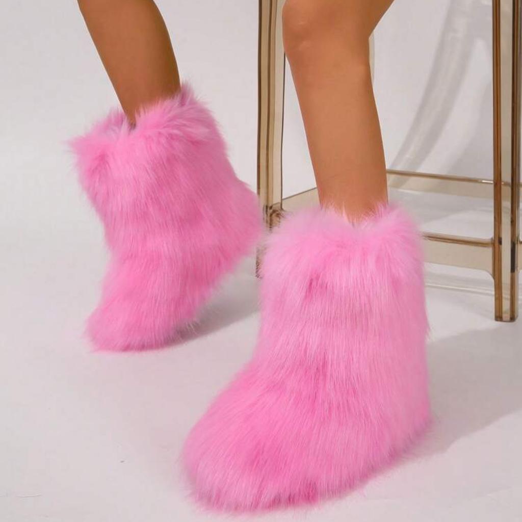 Женские сапоги из искусственного меха Зимние пушистые плюшевые теплые сапоги до середины икры Снежные сапоги Роскошные модные меховые сапоги Удобная уличная обувь на плоской подошве