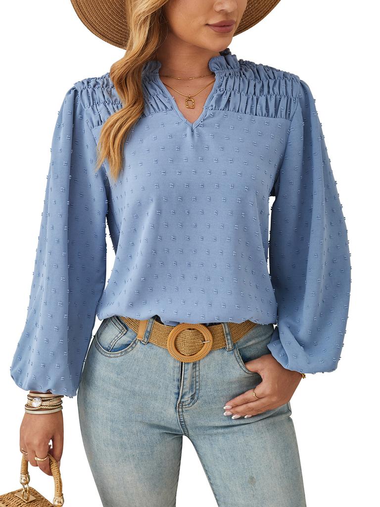 Весенне-осенняя женская плиссированная жаккардовая рубашка с длинным рукавом с v-образным вырезом