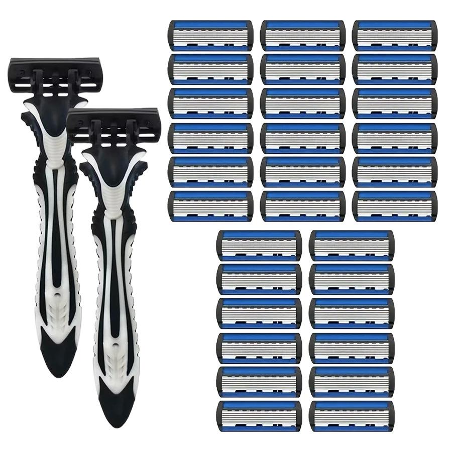 6-Blade Razor for Men Manual Shaving Razor with Replacement Blades 2 Handles 30 Razor Heads for Face and Body Shaving