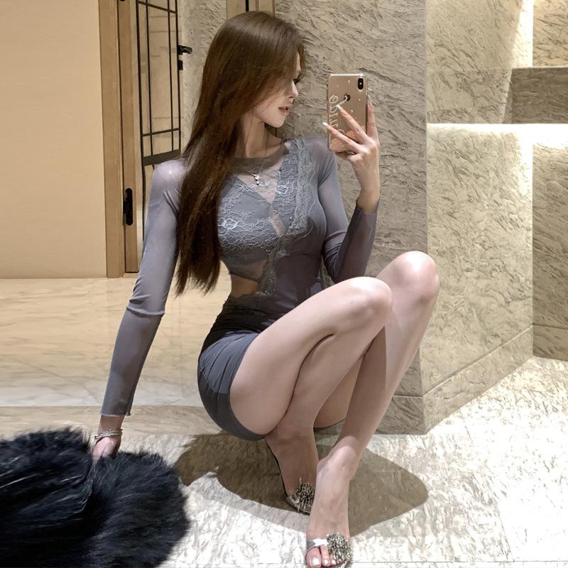 New Fashion Sexy Spice Irregular Lace Crease Slim Dress Women