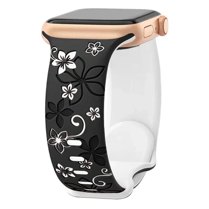 3D Цветочный Гравированный Силиконовый Спортивный Ремешок для Apple Watch Ultra 2 49мм S10 11 42 46мм 44 45 41 38 40мм iWatch SE 9 8 7 6 5 3