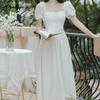 Summer Women Fairycore Midi White Princess Dress French Style Square Collar Lace Up Feminine Dress Puff Sleeve Jacquard Dresses